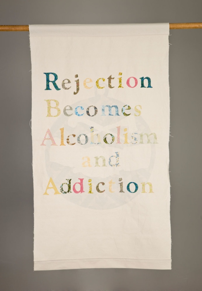 Gina Adams
Rejection Becomes Alcoholism and Addiction, 2014
Painters canvas, calico fabric, thread
3 x 5 feet
Courtesy of the Artist and Fort Gansevoort
