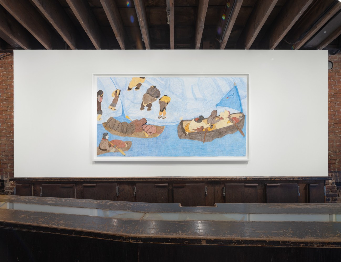 Installation view of Shuvinai Ashoona &quot;Looking Out, Looking In&quot; exhibition, featuring, men, women, and children — dressed in traditional animal skin Inuit clothing — row boats and carry large packages through the Arctic landscape