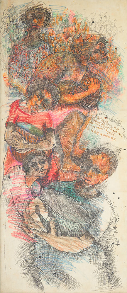 A colorful pen, ink, pastel, and colored pencil drawing on paper that illustrates a group of women holding baskets in there hands.