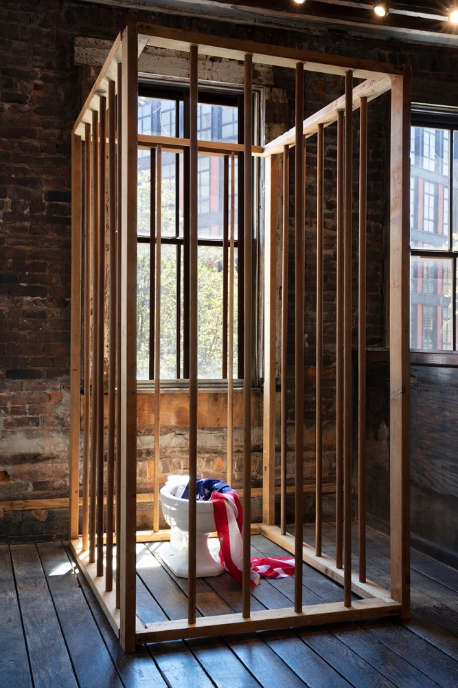 Kate Millet
American Dream Goes to Pot, 1970
Wood, porcelain toilet, and nylon flag
96 x 48 x 60 inches&amp;nbsp;