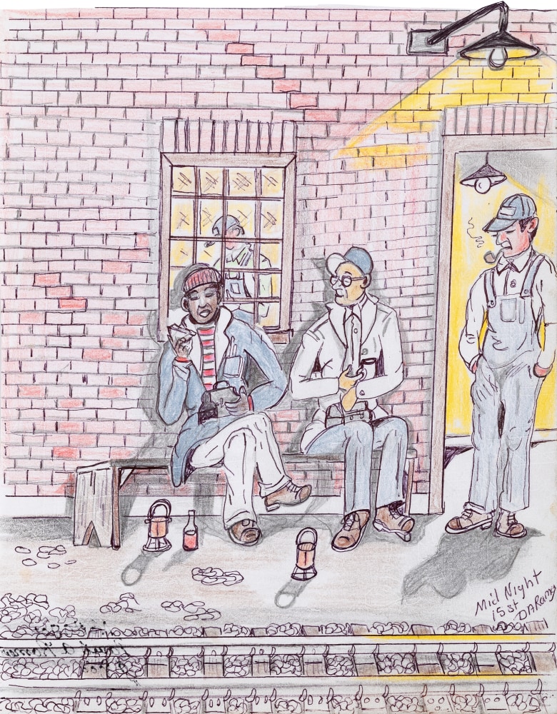 An ink graphite and colored pencil drawing that displays a a group of men sitting and standing outside a brick building.