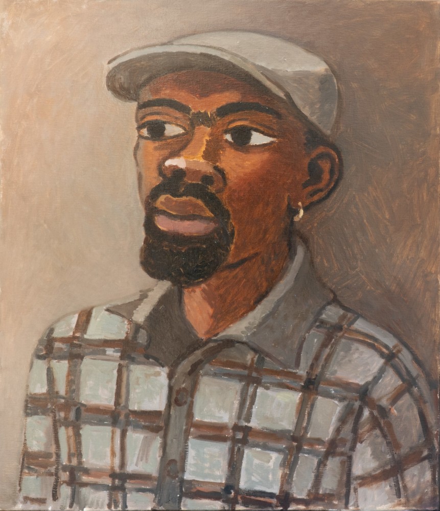 A painting portrait of a man in a flannel with a hat
