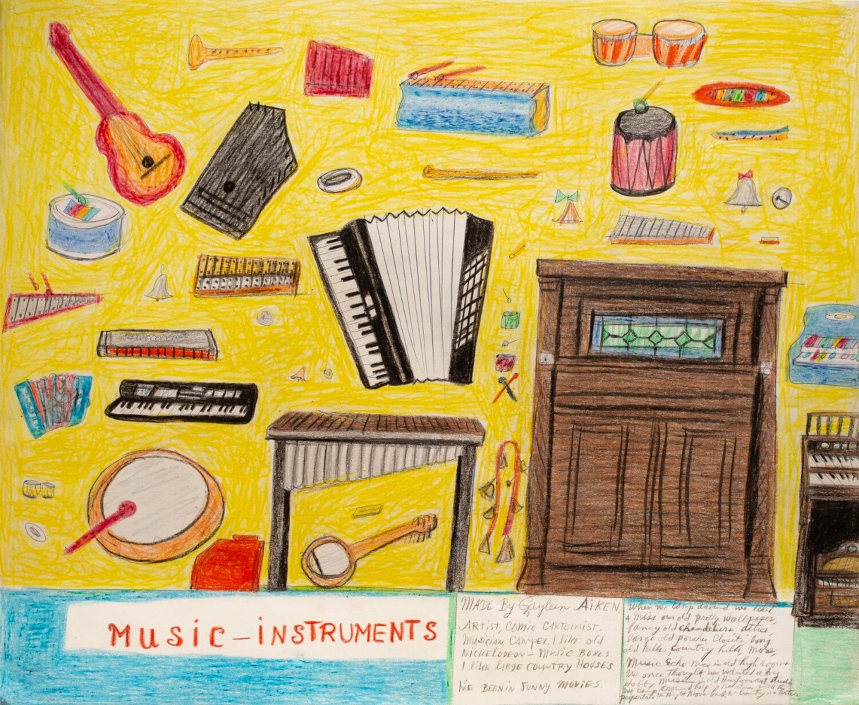 Gayleen Aiken
Music - instruments, 2002
Colored pencil, ballpoint pen, and crayon on paper
14 x 17 inches