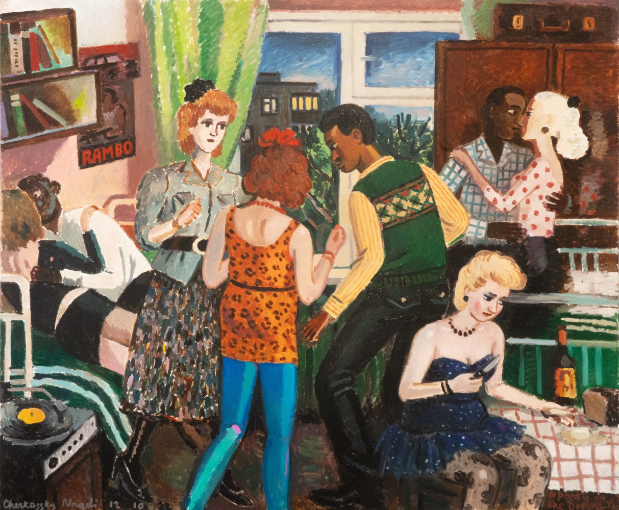 A painting of a party scene in a small room with young people