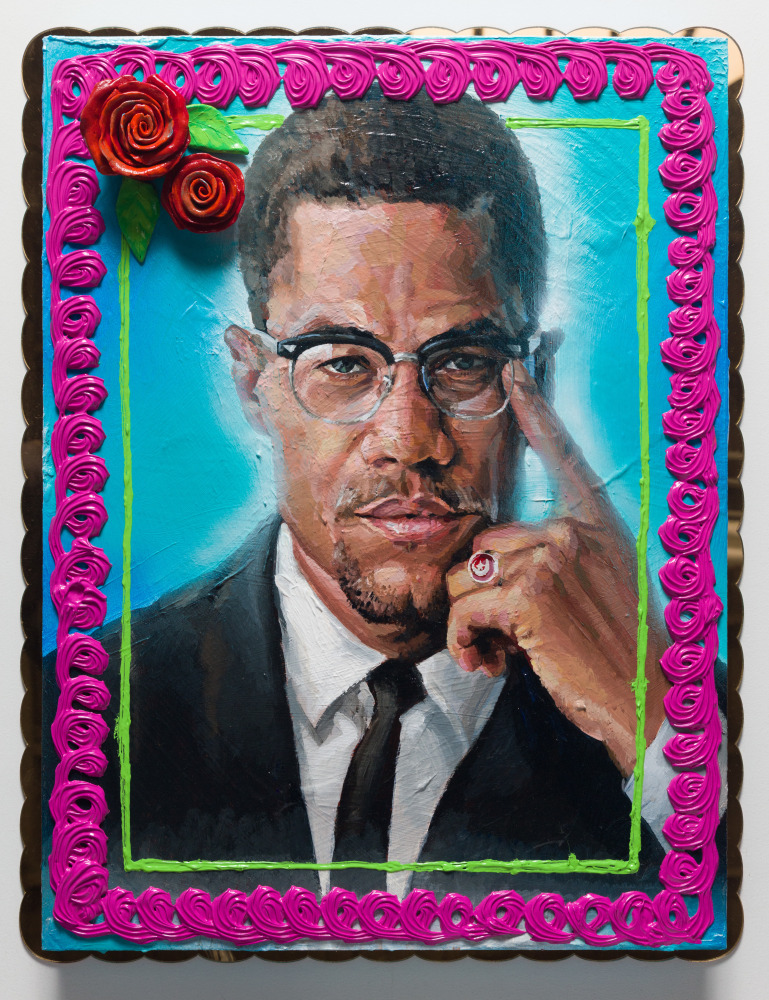 Malcolm X Cake, 2019
Heavy body acrylic, acrylic, airbrush, and ceramic cake roses on panel with gold mirror plex
26 x 20 x 3 inches