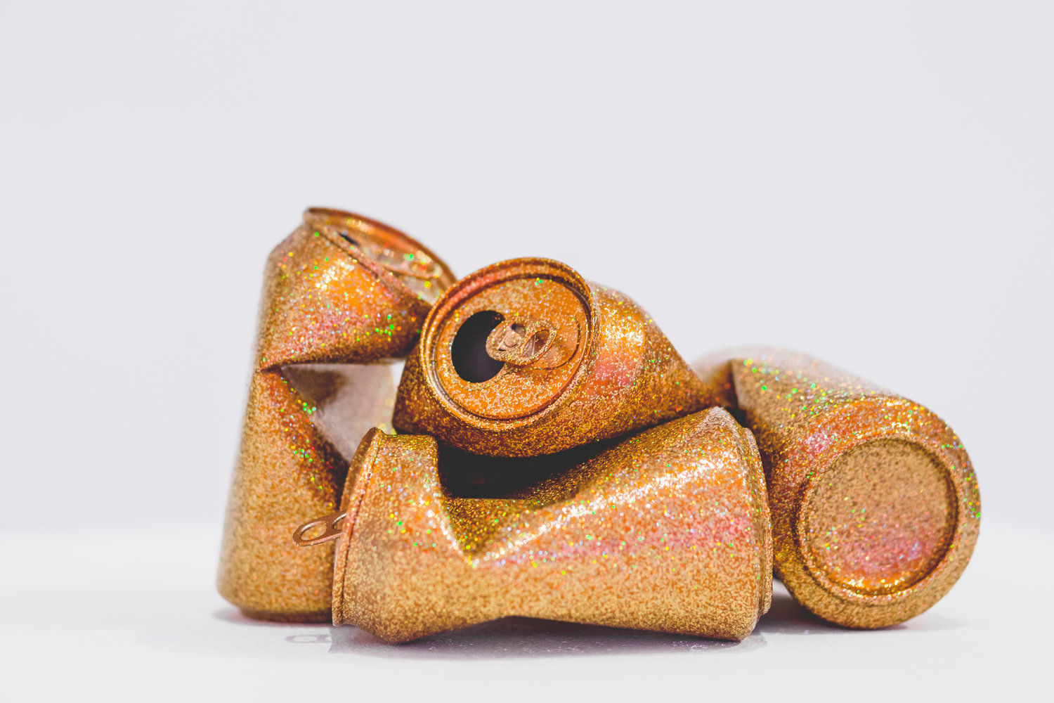 Sadie Barnette
Untitled (Can) (Gold), 2018
Metal flake on found cans&amp;nbsp;
5 x 3 x 3 inches (each)