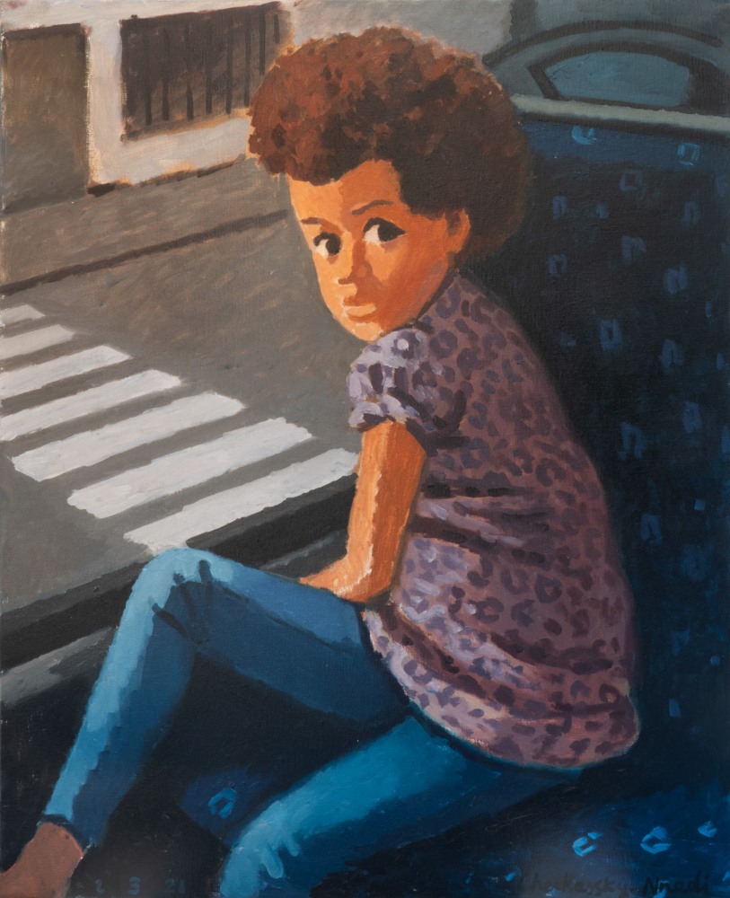 A painting of a child in a vehicle with a street in the background