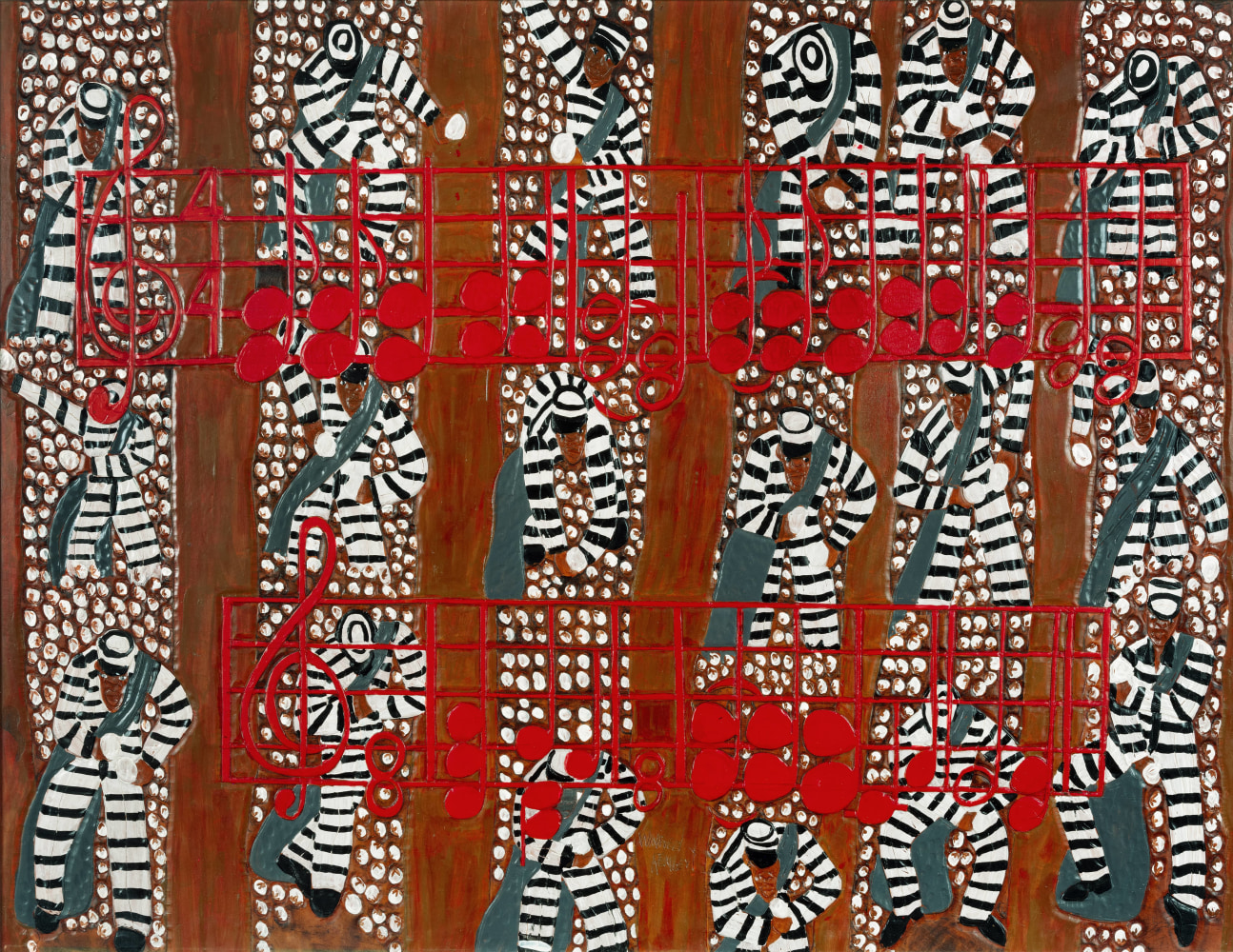Winfred Rembert
Red Note Chain Gang, 2007 
Acrylic paint on carved and tooled leather
33 x 42.5 in