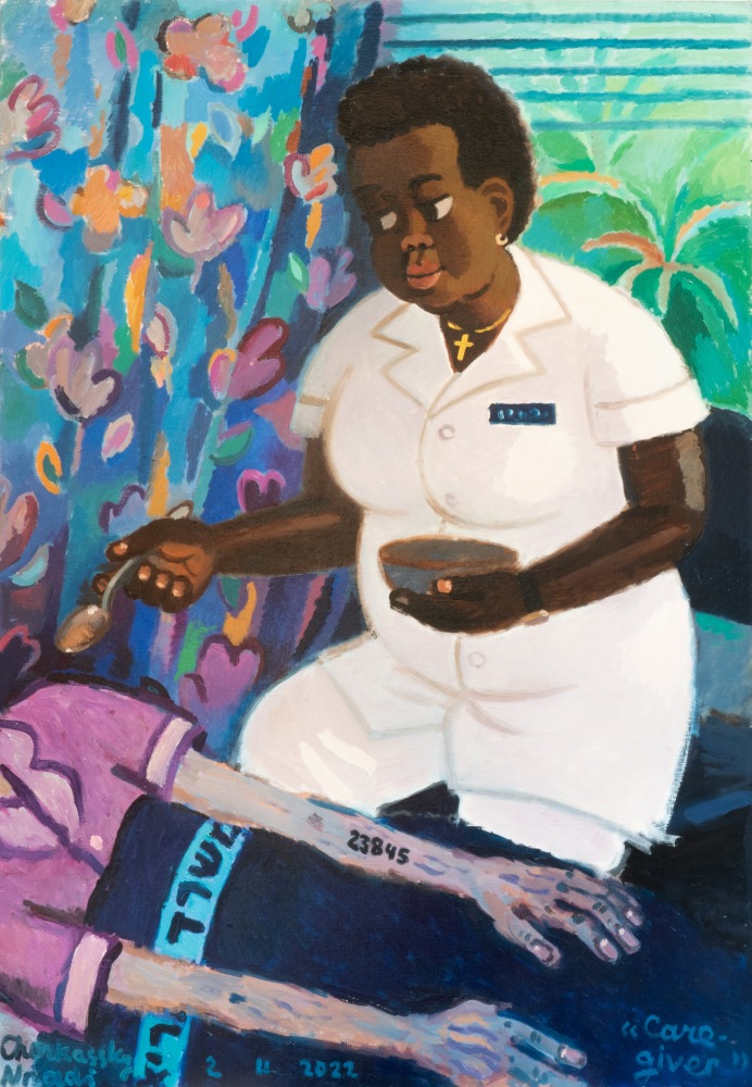 A painting of a woman nurse spoon feeding a patient