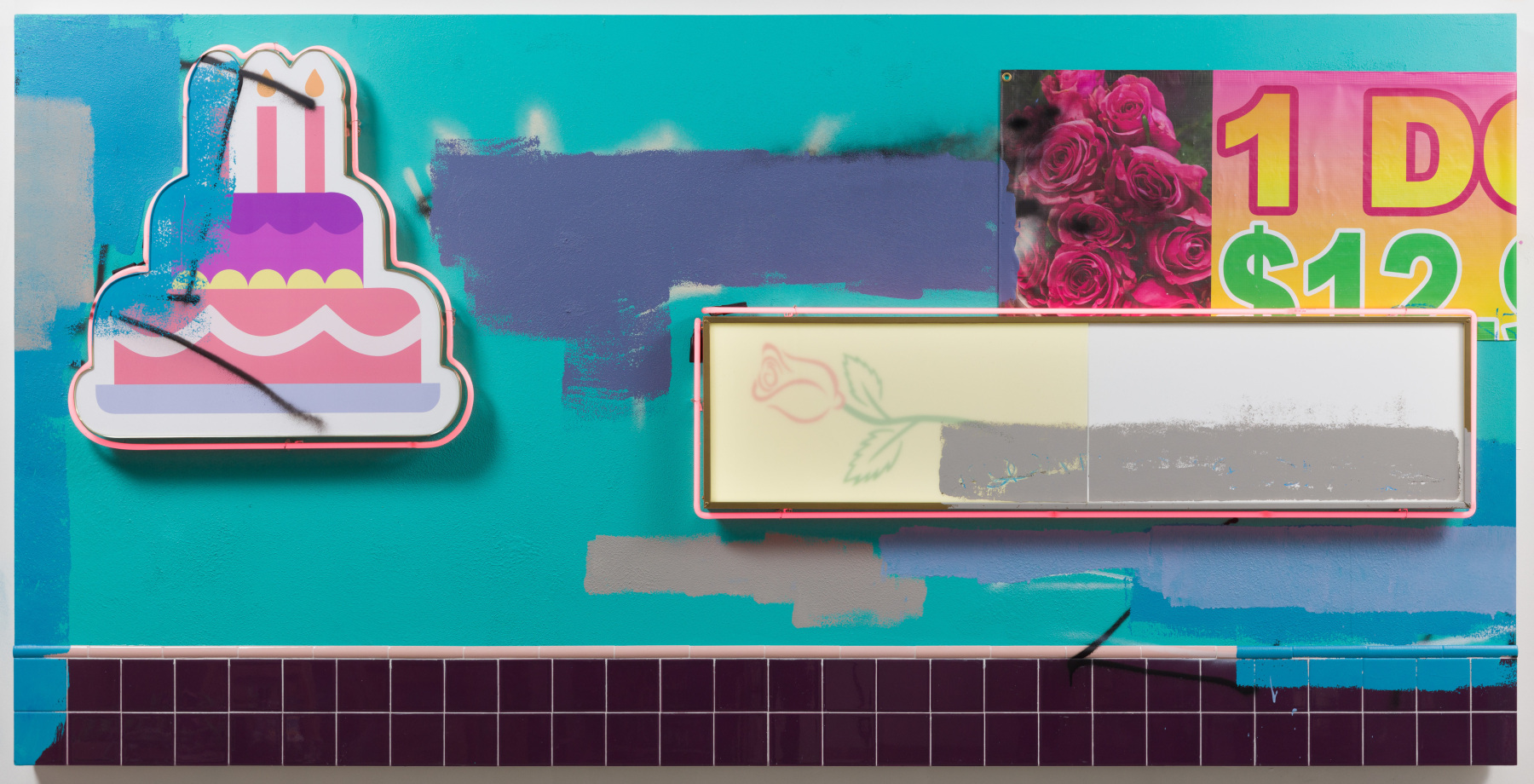 Cake and Roses, 2019
Stucco, neon, mean streak, spray paint, latex house paint, ceramic tile, found tarp, and store sign with vinyl decal on panel
60 x 120 x 5 inches