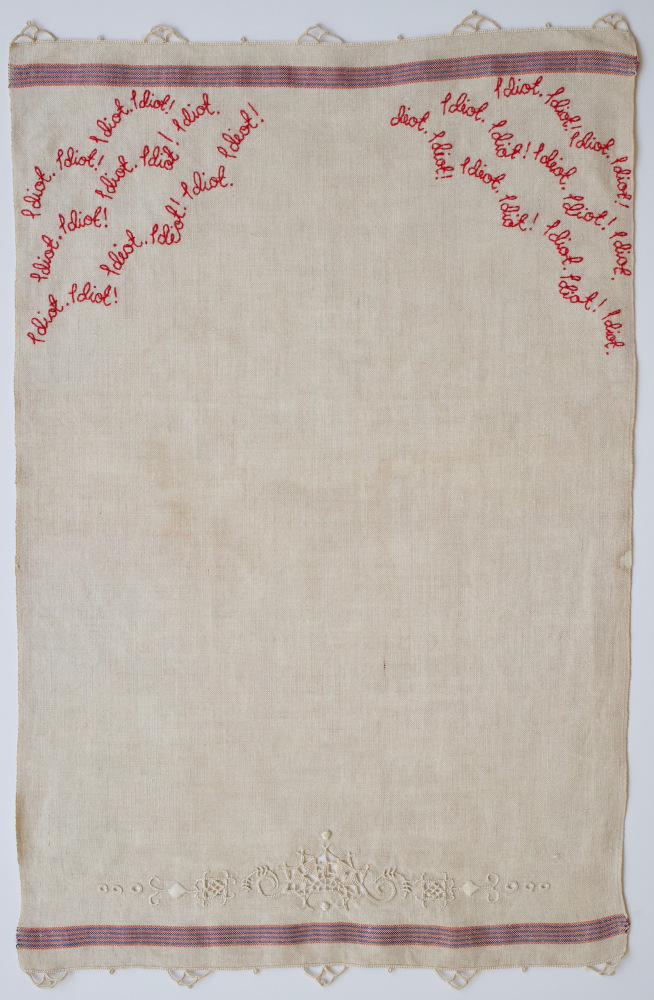 Can&amp;#39;t Believe I Was Such An Idiot, 2019
Embroidery on vintage linen tea towel
23&amp;nbsp;x 15 inches