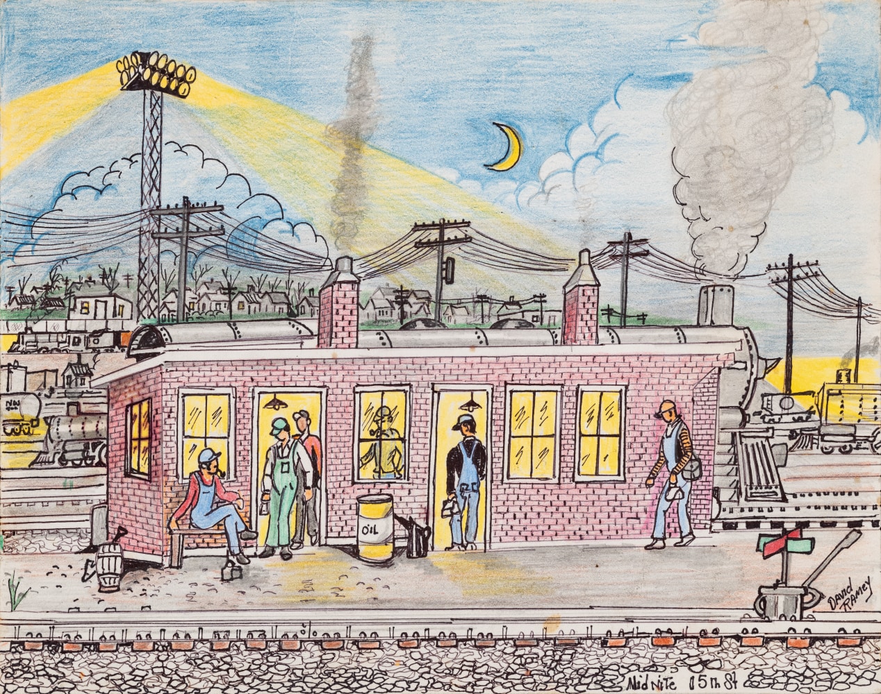 An ink graphite and colored pencil drawing that displays a train, a brick building, and a group of workers wearing overalls.