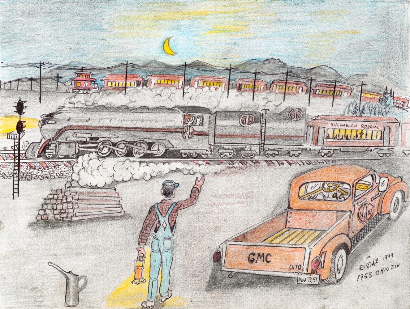 An ink graphite and colored pencil drawing that illustrates a man waving to a train at nighttime