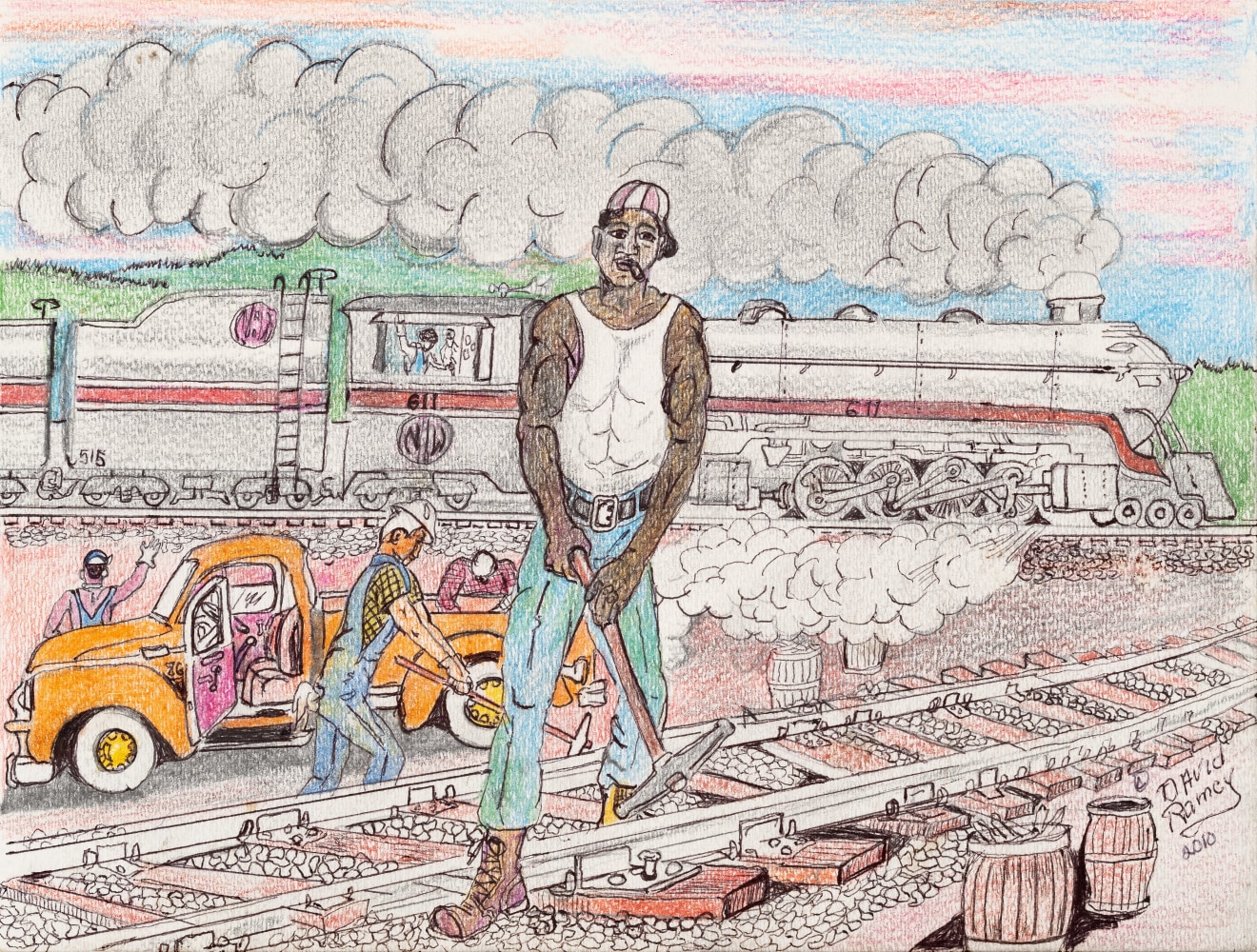 An ink graphite, and colored pencil drawing that displays a train passing by, and workers constructing a railroad.