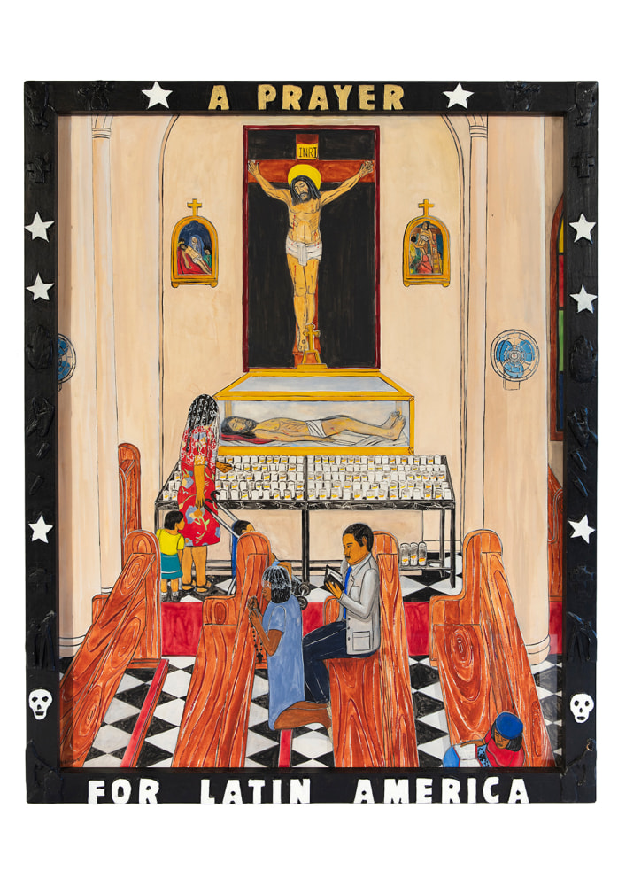 A Prayer for Latin America, 1987
Pencil graphite and gouache on paper with acrylic painted papier-m&amp;acirc;ch&amp;eacute; frame
54.25 x 42 x 1.5 inches