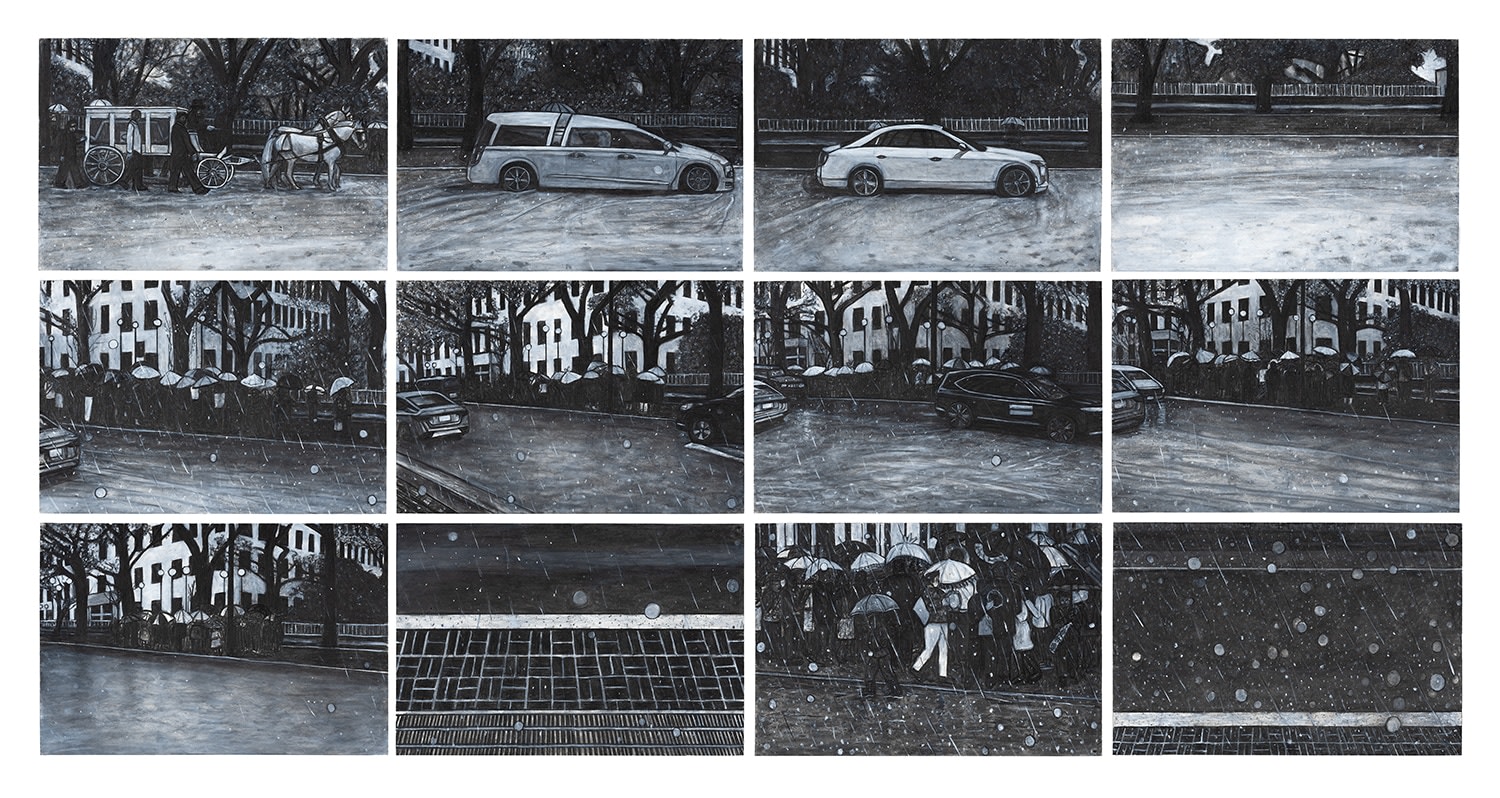 Willie Birch
Procession for “Kidd” Jordan: A Fitting Farewell, 2023-2024
Acrylic and charcoal on paper, in twelve parts
Each part: 24 x 36 in