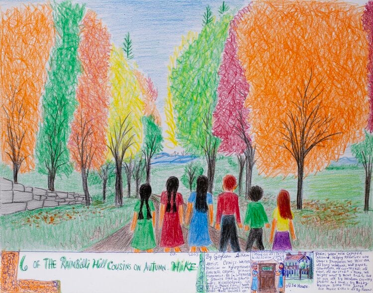 Gayleen Aiken
6 of The Raimbilli Cousins on Autumn-Hike., 2003
Colored pencil, ballpoint pen, and crayon on paper
11 x 14 inches