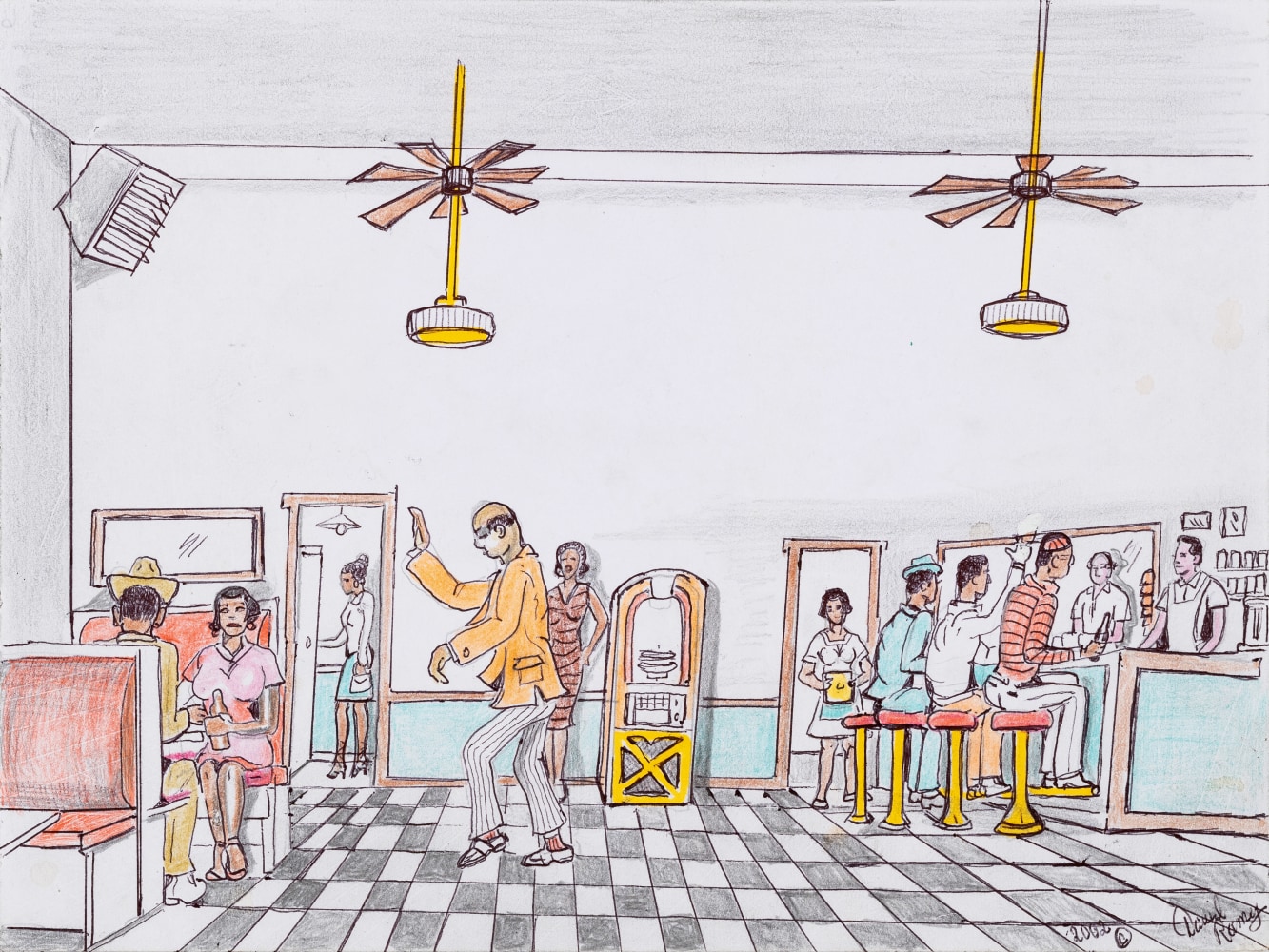 An ink graphite, and colored pencil drawing that illustrates people eating at a restaurant.