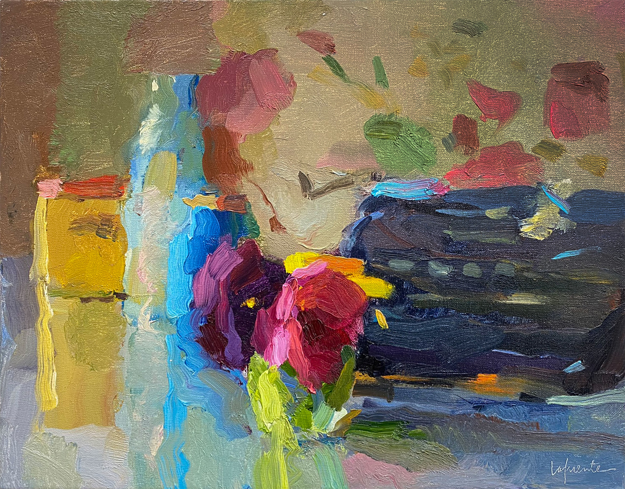 Typewriter, Pansies And Bottle  11&quot; x 14&quot;  Oil On Linen