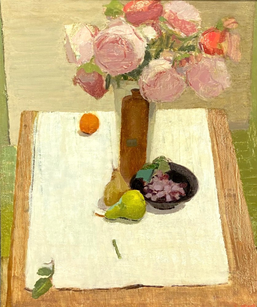 Elizabeth Geiger, Still Life With Peonies &amp; Oil Jar  28&quot; x 24&quot;  Oil On Linen