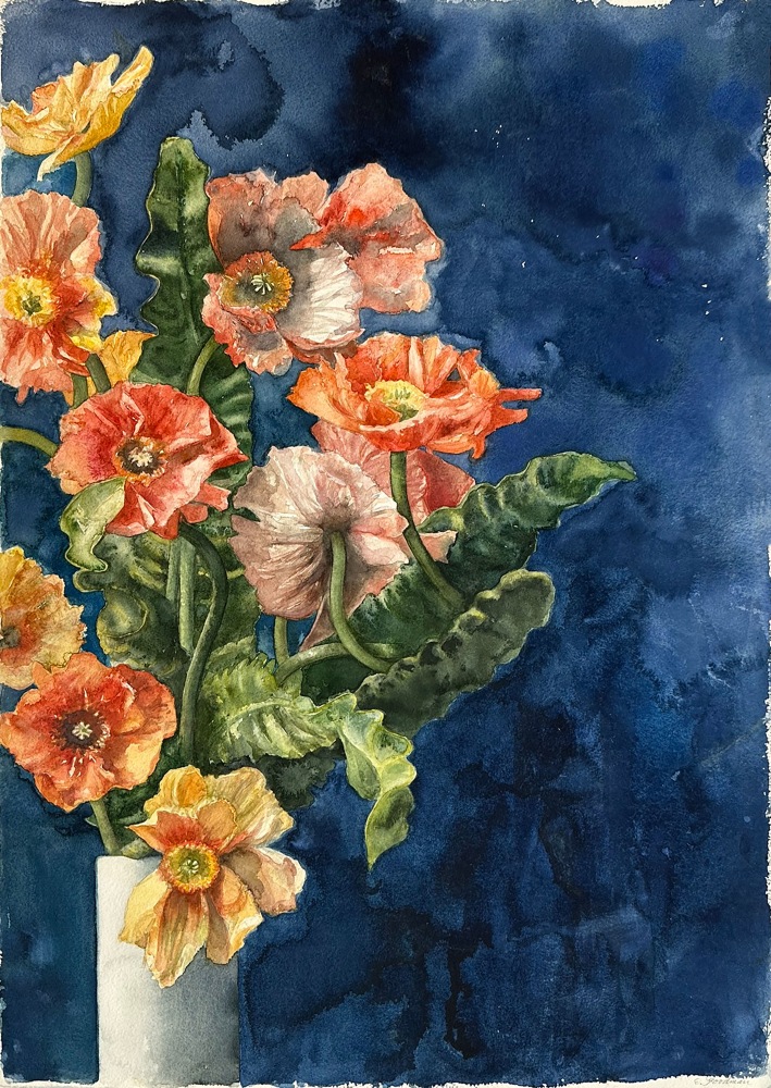 Eileen Goodman, Poppies And Birds Nest Ferns  29&quot; x 21&quot;  Watercolor On D'Arches Paper