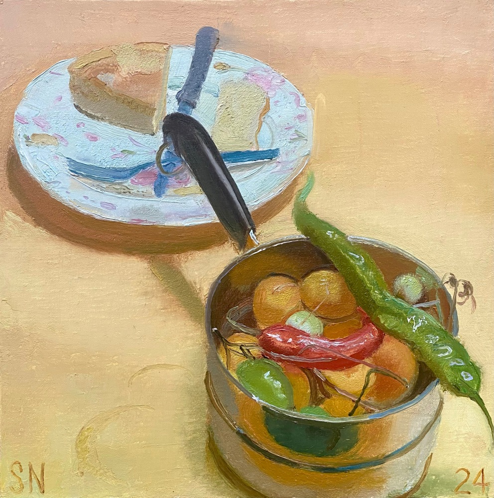 Cheesecake, Peppers, And Fruit 18&quot; x 18&quot;  Oil On Canvas