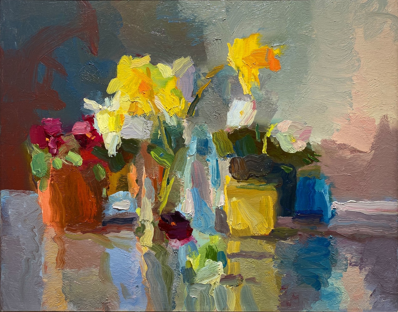 Pansies, Daffodils and Tea Tin  16&quot; x 20&quot;  Oil On Linen