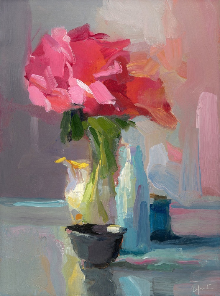 Christine Lafuente, Peonies, Bottles, And Cup 16&quot; x 12&quot;  Oil On Linen