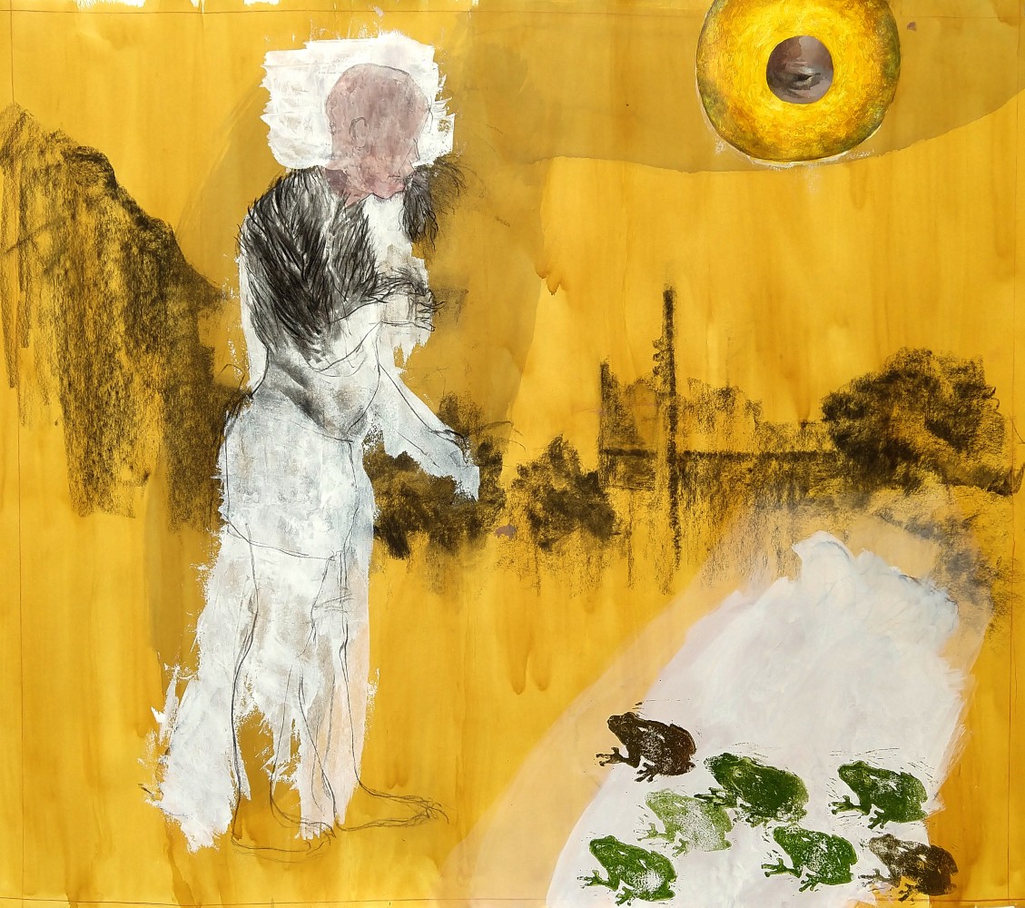 Sterling Shaw, Plague Of Frogs 40&quot; x 43&quot;  Acrylic, Charcoal On Paper Mounted On Panel