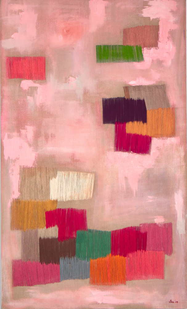 Natasha Das, Untitled Pink 60&quot; x 36&quot;  Oil And Thread On Canvas