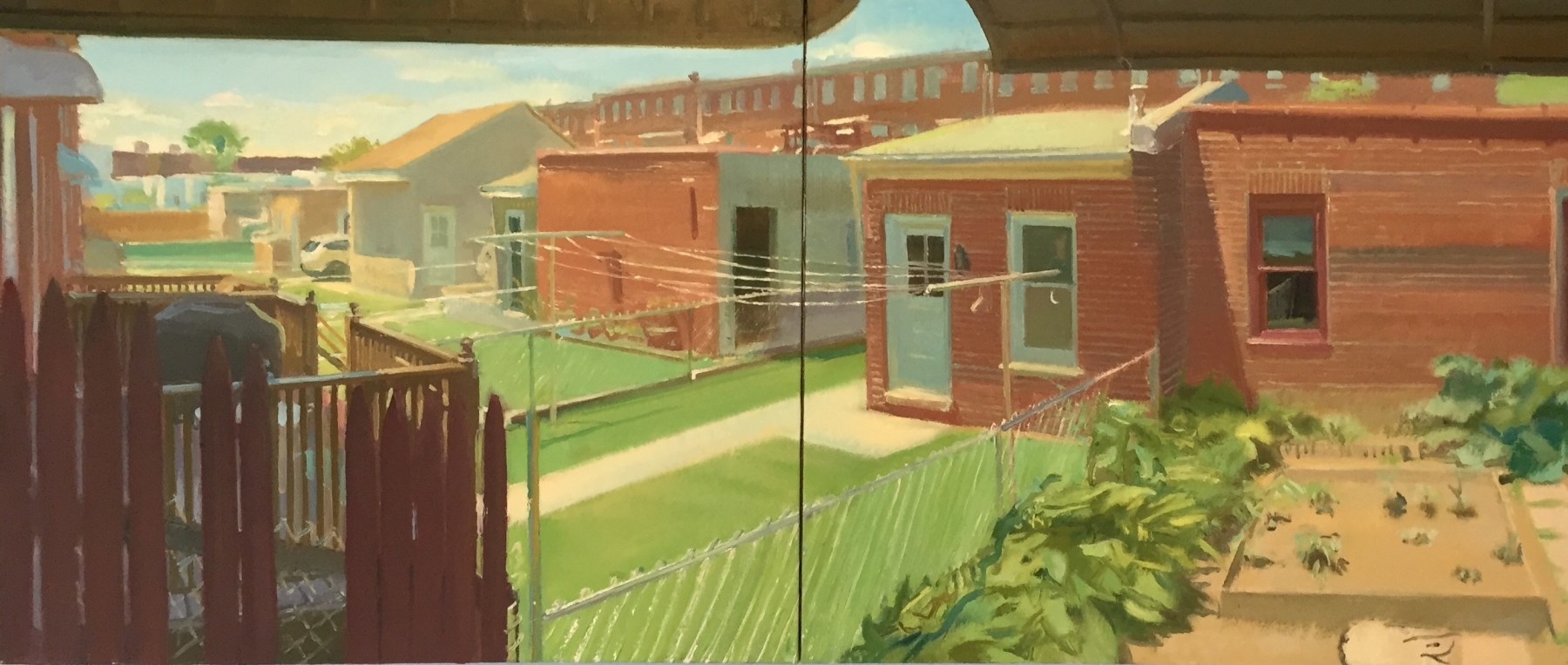 Backyards with Clotheslines 26&quot; x 50&quot;  Oil On Linen