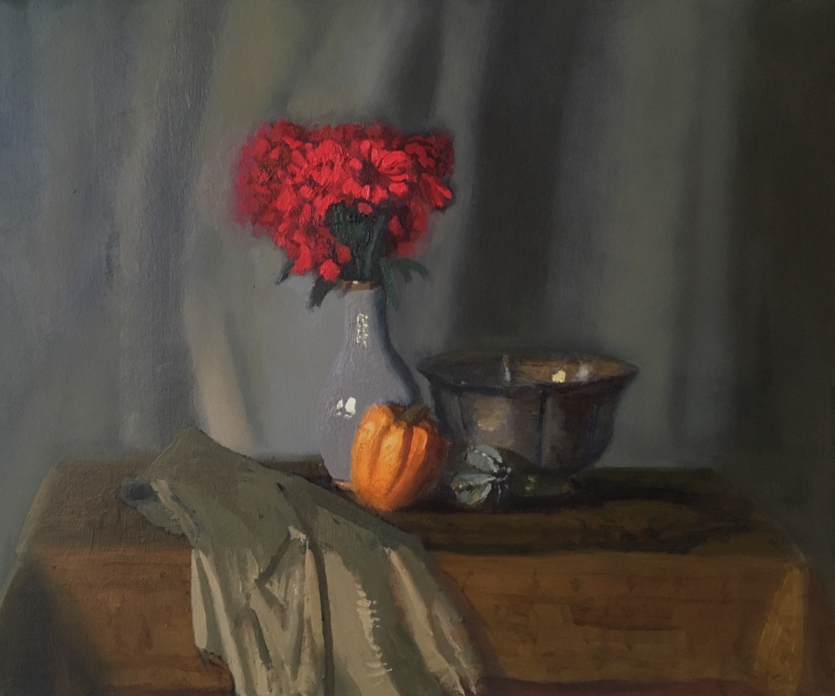 Giovanni Casadei, Geraniums &amp; Silver Drapery  12.75&quot; x 15.5&quot;   Oil On Panel