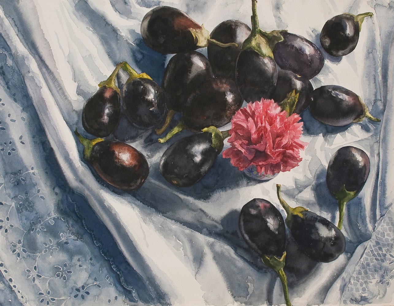 Eileen Goodman, Carnation With Baby Eggplants  30&quot; x 38&quot;  Watercolor