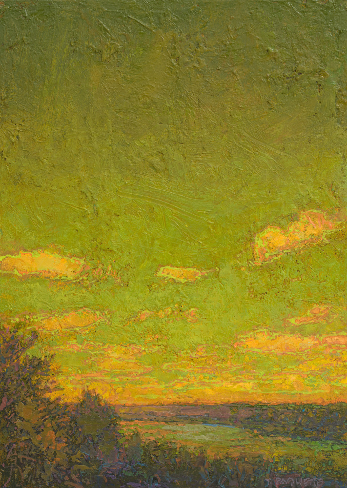 Thomas Paquette, Green Sky Over The Mississippi  14″ x 10″  Oil On Wood Panel