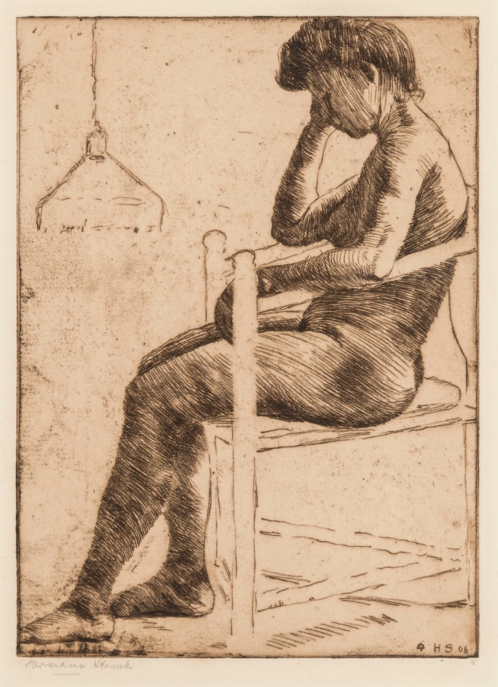 Hermann Struck, Seated Nude, 1906
Etching, 5.91 by 8.19 inches
(15 by 20.8 cm)
Framed: 12 1/2 x 16 inches
(Inv# HS3142)