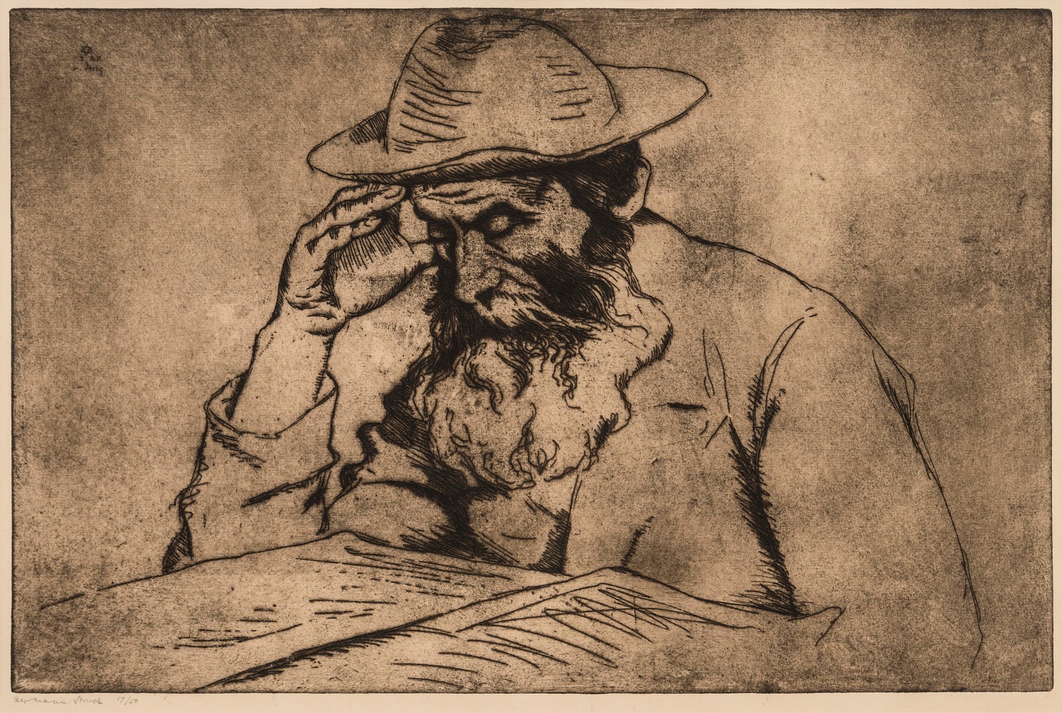 Hermann Struck, Talmudist, 1927
Etching, 19.29 by 12.6 inches
(49 by 32 cm)
Framed: 27 3/4 x 21 1/2 inches
Edition 17 of 50
(Inv# HS2733)