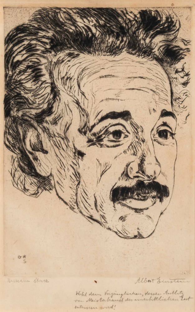 Hermann Struck, Portrait of Albert Einstein, c. 1918
Etching, 5.51 by 7.87 inches
(14 by 20 cm)
Framed: 15 1/4 x 17 1/2 inches
(Inv# HS3084.1)