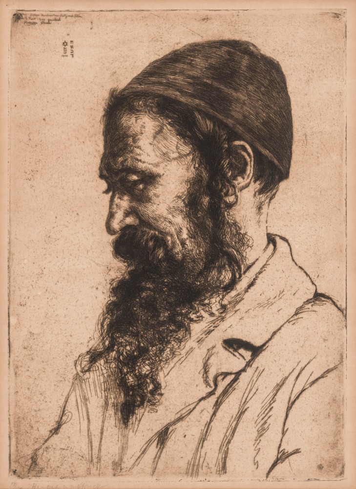 Hermann Struck, Portrait of a Polish Jew, c. 1906
Etching, 9.65 by 13.39 inches
(24.5 by 34 cm)
Framed: 18 1/4 x 22 1/2 inches
Edition 97 of 150
(Inv# HS2379.2)