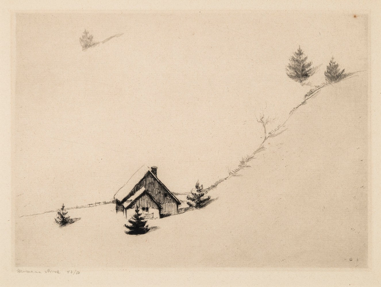 Hermann Struck, Winter Shierke, Germany, 1904
Etching, 10.43 by 7.68 inches
(26.5 by 19.5 cm)
Framed: 17 3/4 x 13 3/4 inches
Edition 43 of 50
(Inv# HS2724)