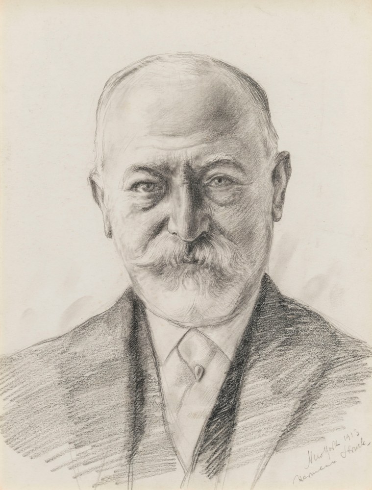 Hermann Struck, Portrait of Jacob Schiff, N.Y. 1913
Graphite on paper, 10.04 by 12.91 inches
(25.5 by 32.8 cm)
Framed: 15 x 18 inches
(Inv# HS3101)