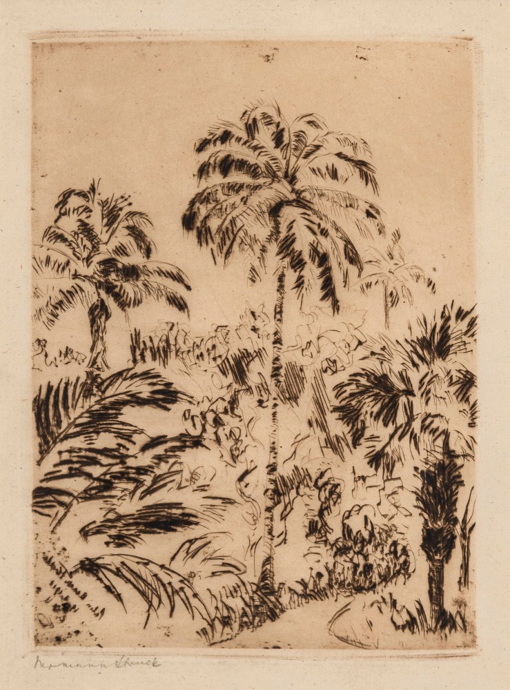 Hermann Struck, Palm Beach Florida, 1913
Etching, 5.39 by 7.4 inches
(13.7 by 18.8 cm)
Framed: 13 3/4 x 17 3/4 inches
Edition 13 of 100
(Inv# HS2998