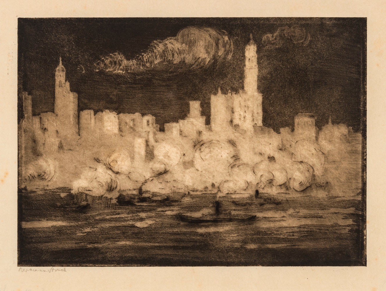 Hermann Struck, View of Manhattan from Brooklyn at Night, 1912
Etching, 8.15 by 5.83 inches (20.7 by 14.8 cm)
&amp;nbsp;