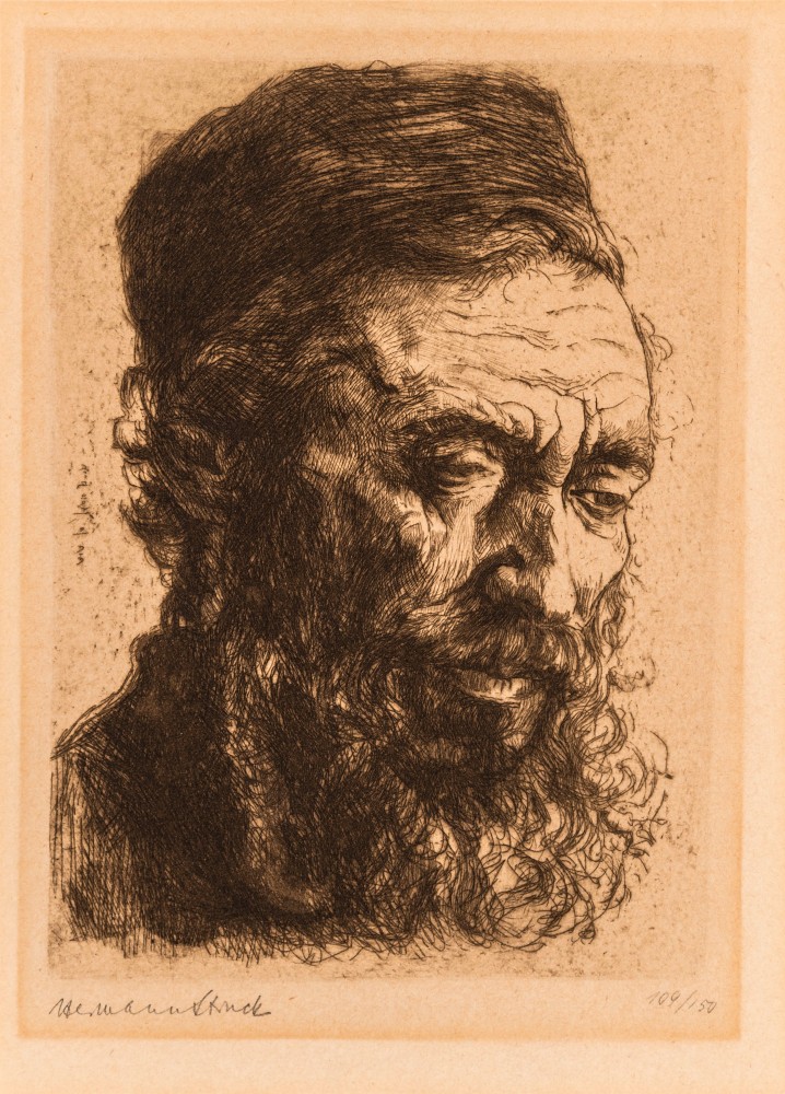 Hermann Struck, Polish Rabbi, c. 1901
Etching, 4.92 by 6.85 inches
(12.5 by 17.4 cm)
Framed: 17 1/4 x 19 3/4 inches
Edition 109 of 150
(Inv# HS3424)