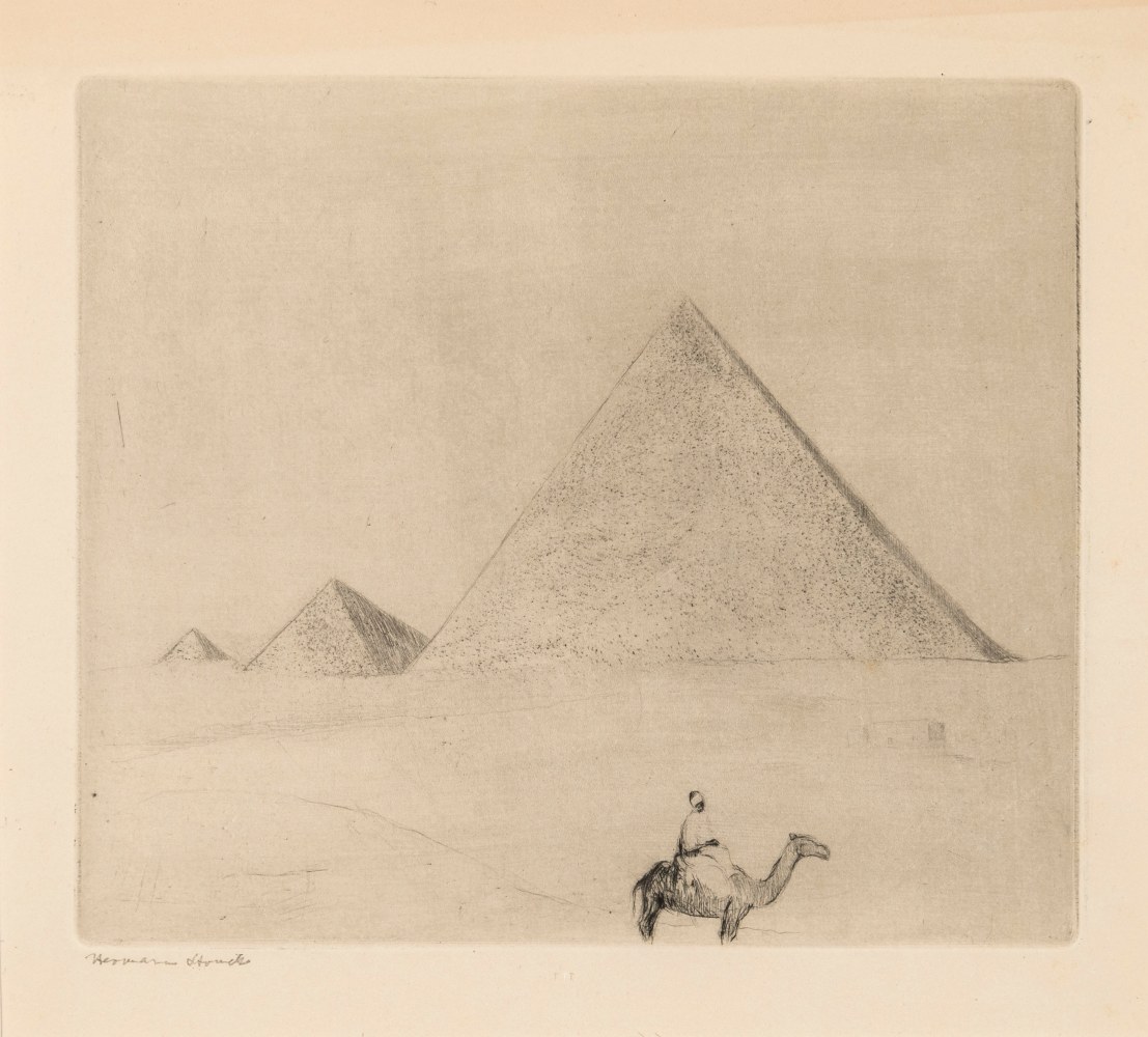 Hermann Struck, Pyramids of Giza, c. 1939
Etching, 6.18 by 5.39 inches
(15.7 by 13.7 cm)
Framed: 17 3/4 x 13 3/4 inches
(Inv# HS1998)