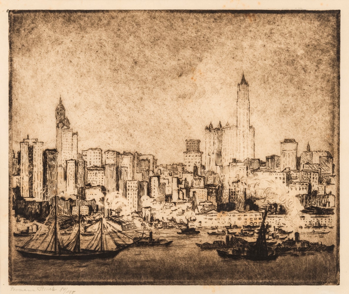 Hermann Struck, New York Skyscrapers from Brooklyn
Etching, 11.61 by 9.76 inches
(29.5 by 24.8 cm)
Framed: 22 3/4 x 17 1/2 inches
Edition 54 of 150
(Inv# HS1863)