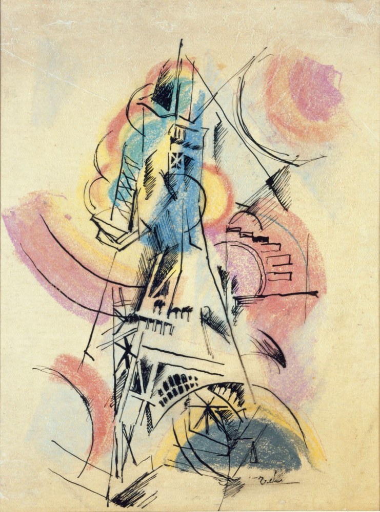 Robert Delaunay, Study for &amp;quot;Tour Eiffel&amp;quot;, c.1910-1911, black ink

on tracing paper and pastel on paper, 27 x 20.3 cm