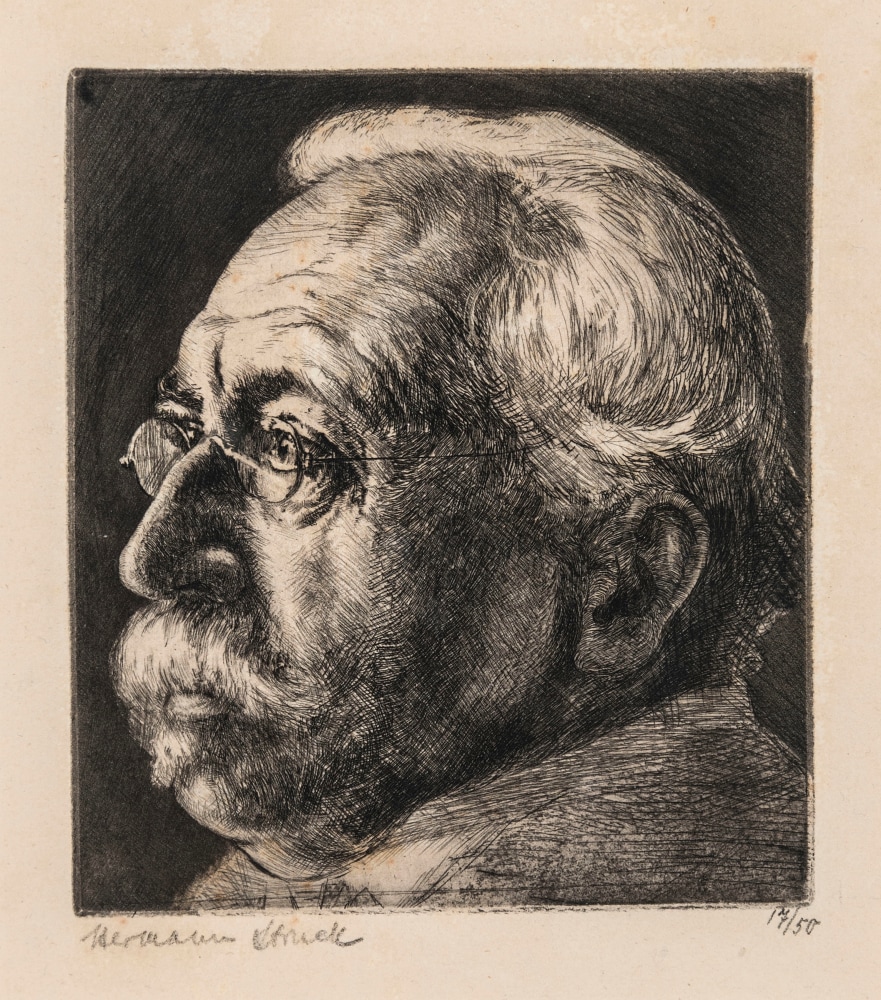 Hermann Struck, Portrait of Professor Hermann Cohen - Marburg, 1903
Etching, 4.65 by 5.12 inches
(11.8 by 13 cm)
Framed: 13 3/4 x 17 3/4 inches
Edition 17 of 50
(Inv# HS2842)