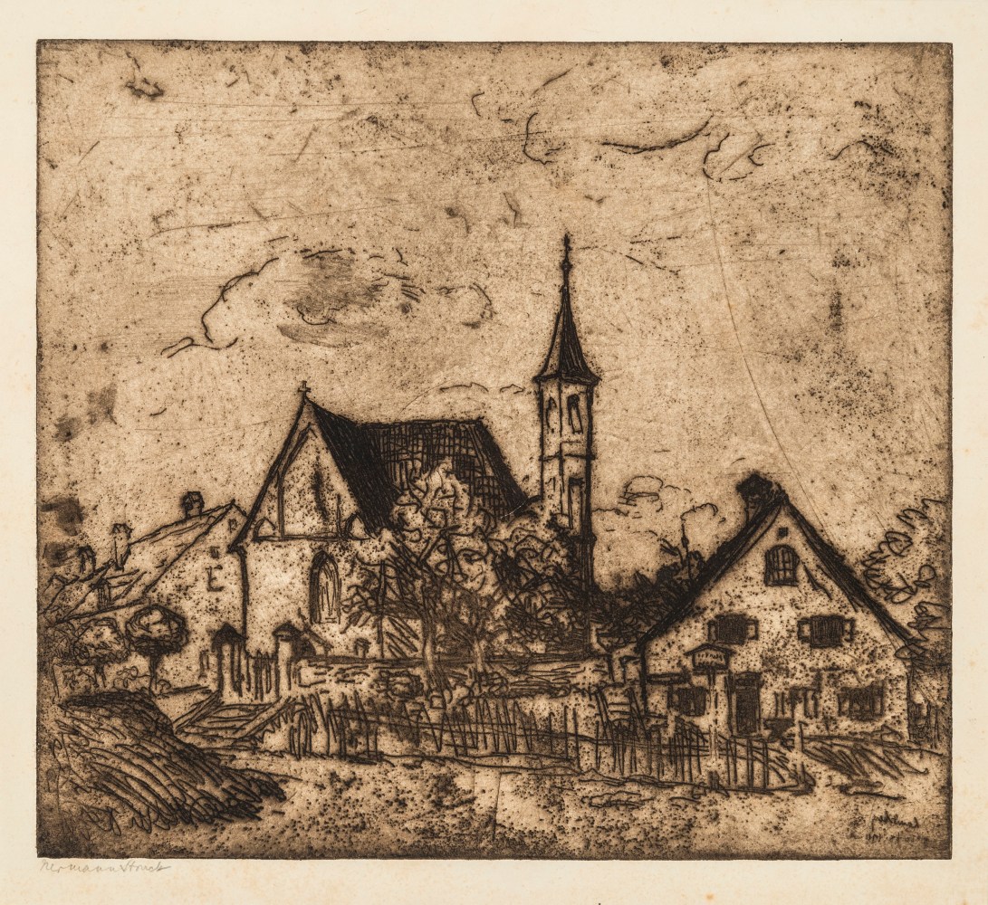 Hermann Struck, Landscape in Lech, VI, 1911
Etching, 10.12 by 9.06 inches
(25.7 by 23 cm)
Framed: 16 1/4 x 15 1/4 inches
(Inv# HS2216)