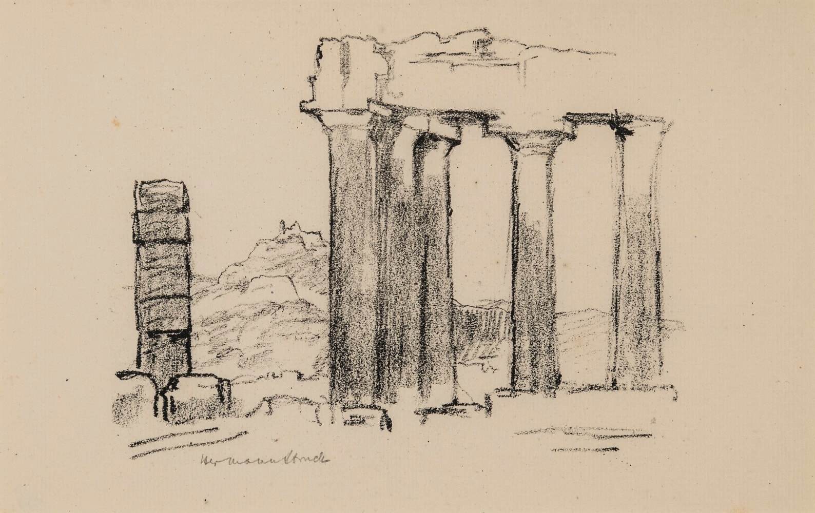 Hermann Struck, Ruins, Greece, c. 1935
Lithograph, 8.86 by 5.55 inches
(22.5 by 14.1 cm)
Framed: 17 3/4 x 13 3/4 inches
(Inv# HS406)