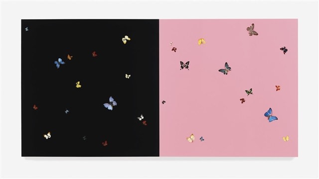 Damien Hirst, Dark Joy, 2012, butterflies and household

gloss on canvas, in two parts, 152.4 x 152.4 cm each